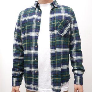 Classic Plaid Flannel Button Up Shirt - Green / Navy - Size S